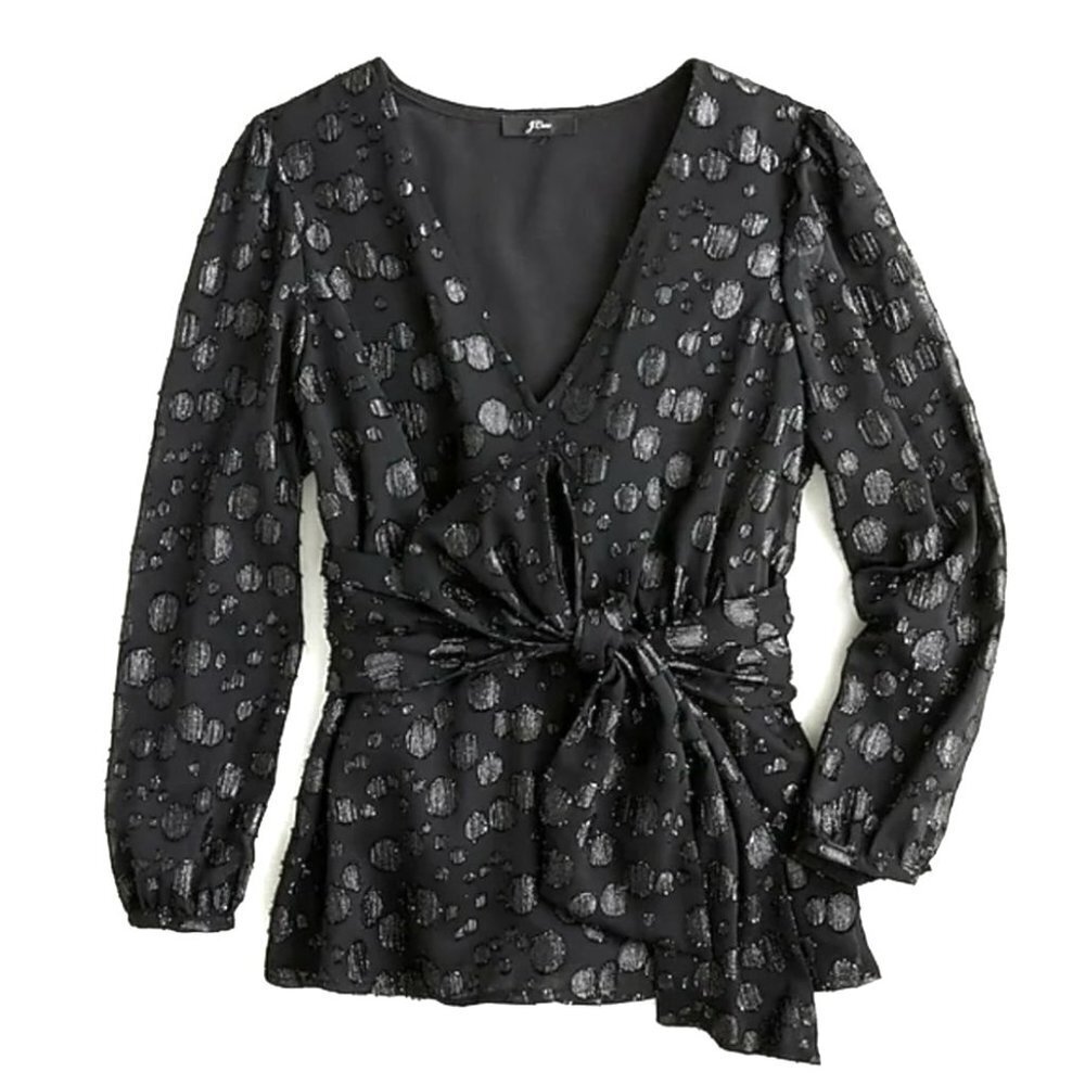 J.Crew Metallic Dot Tie Waist Blouse Top S Black
